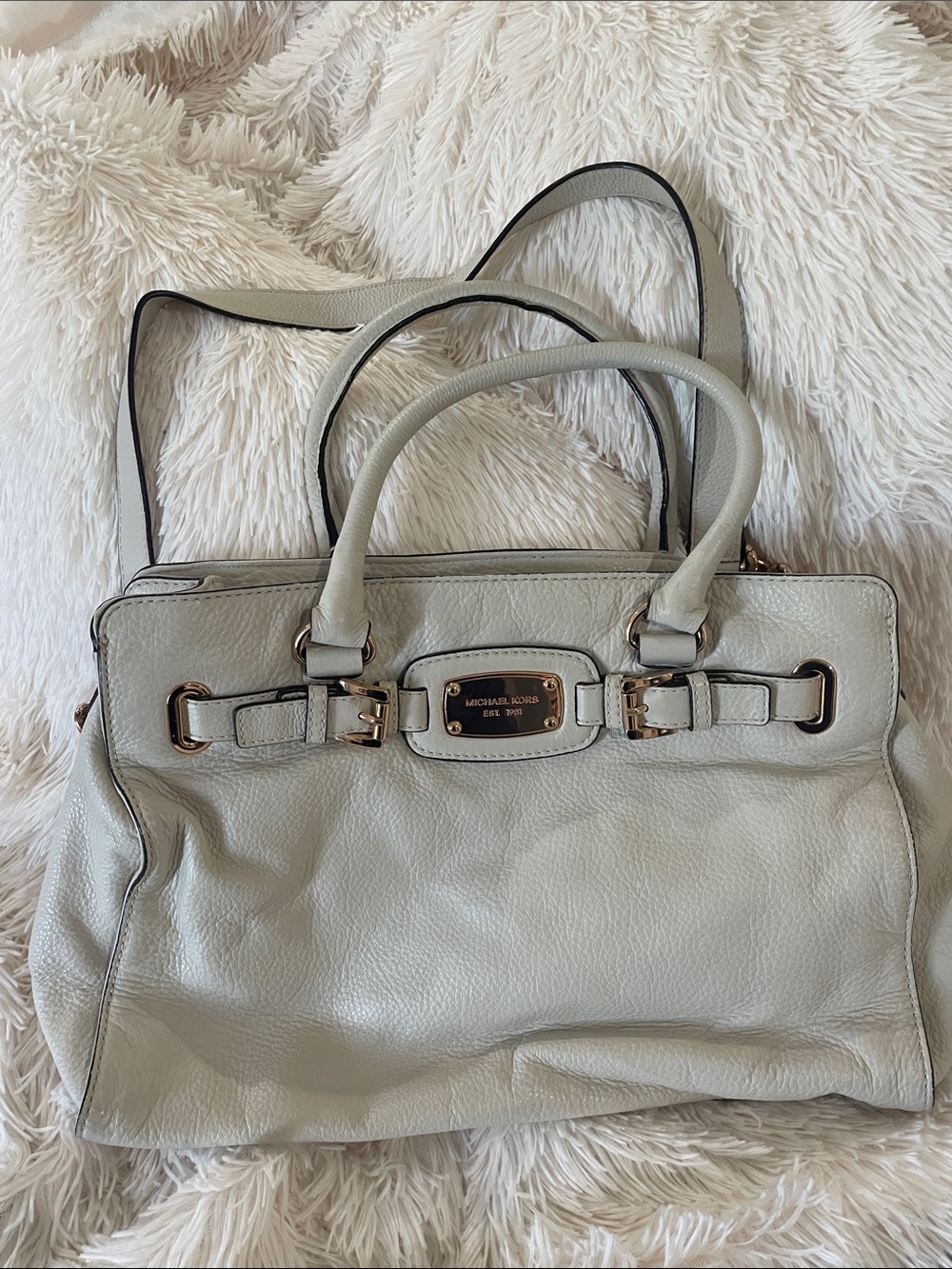 Michael Kors Pebbled Leather Hamilton Satchel in Cream with Gold Hardware